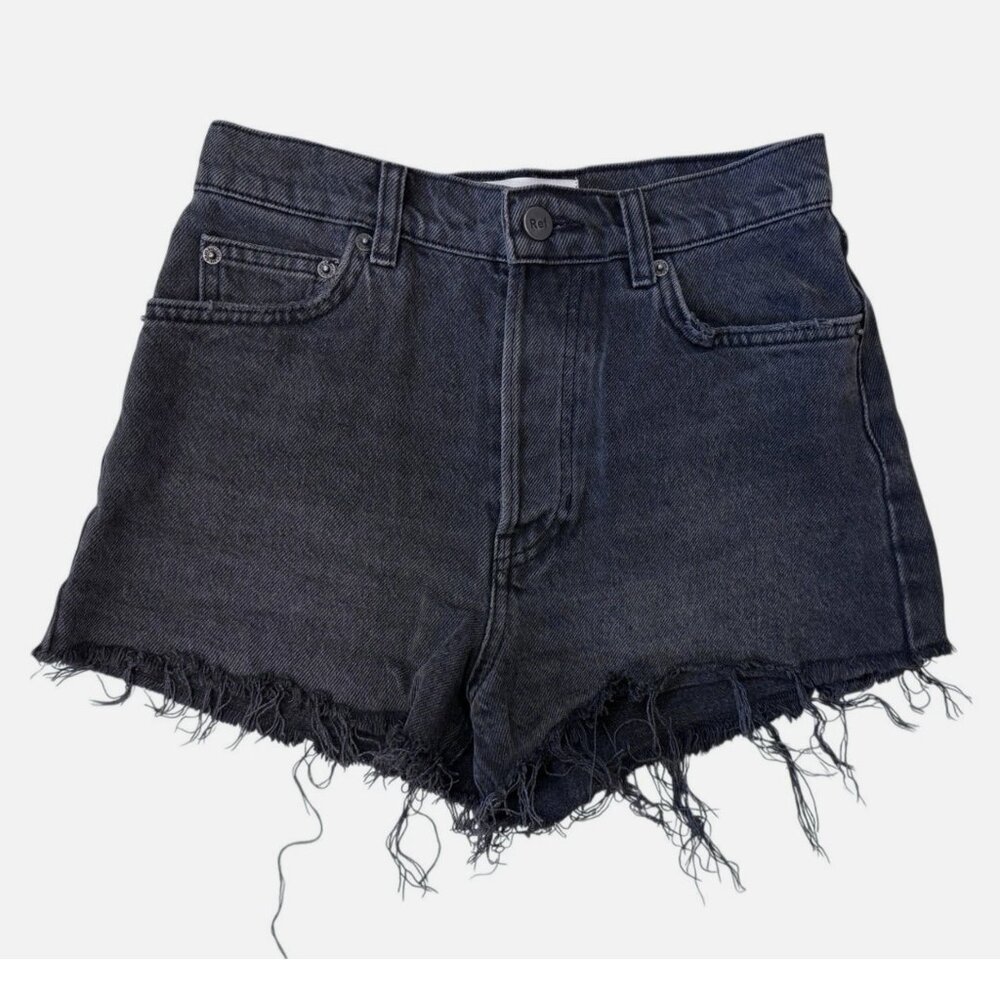 Reformation Black Denim Raw Edge Button Fly Denim Shorts Women's size 24
